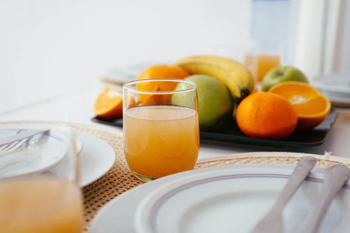 A morning breakfast juice glass on a table
